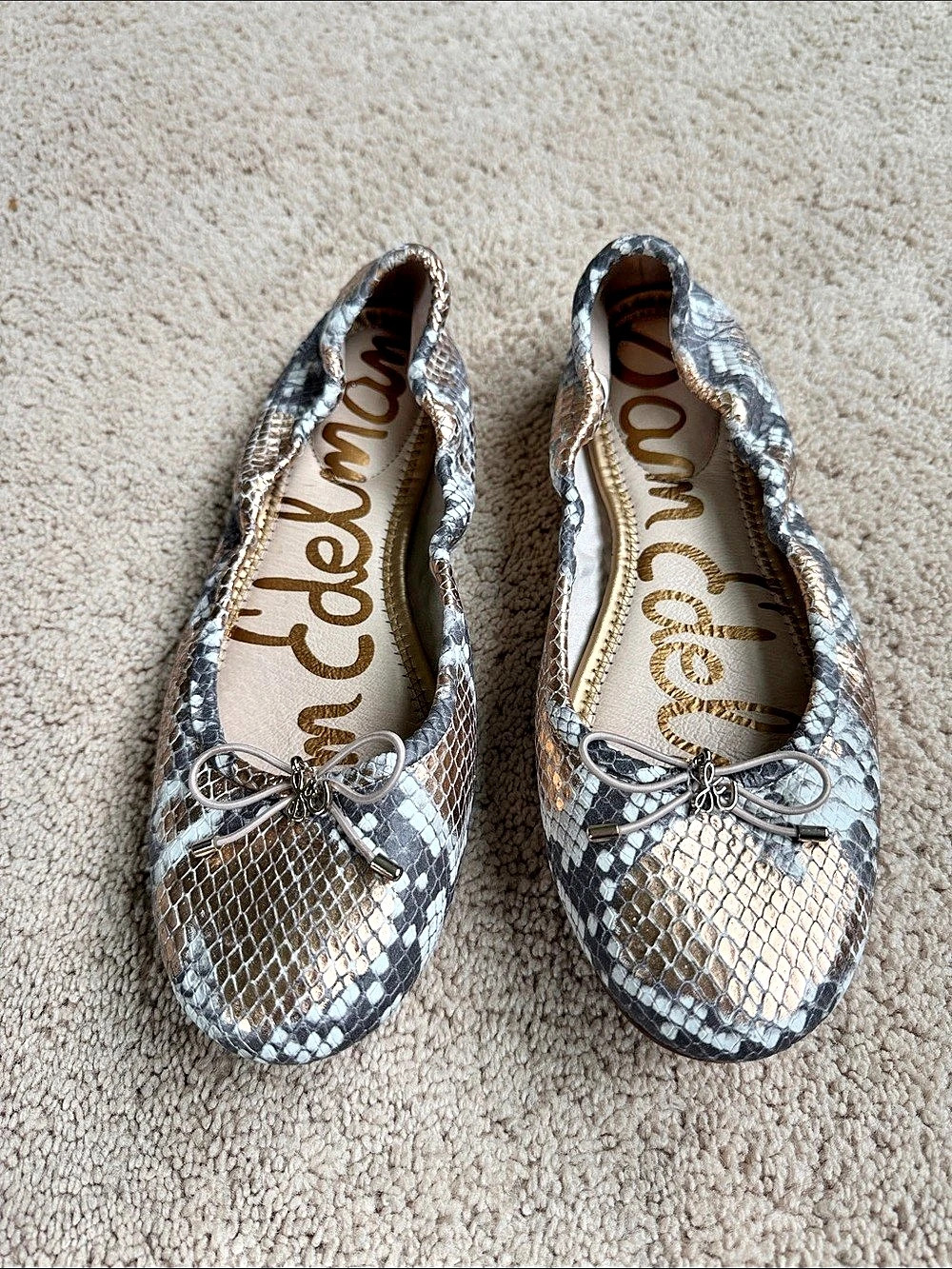 Sam Edelman Felicia Ballet Flat Gold and Gray Metallic Snake Print Size US 8